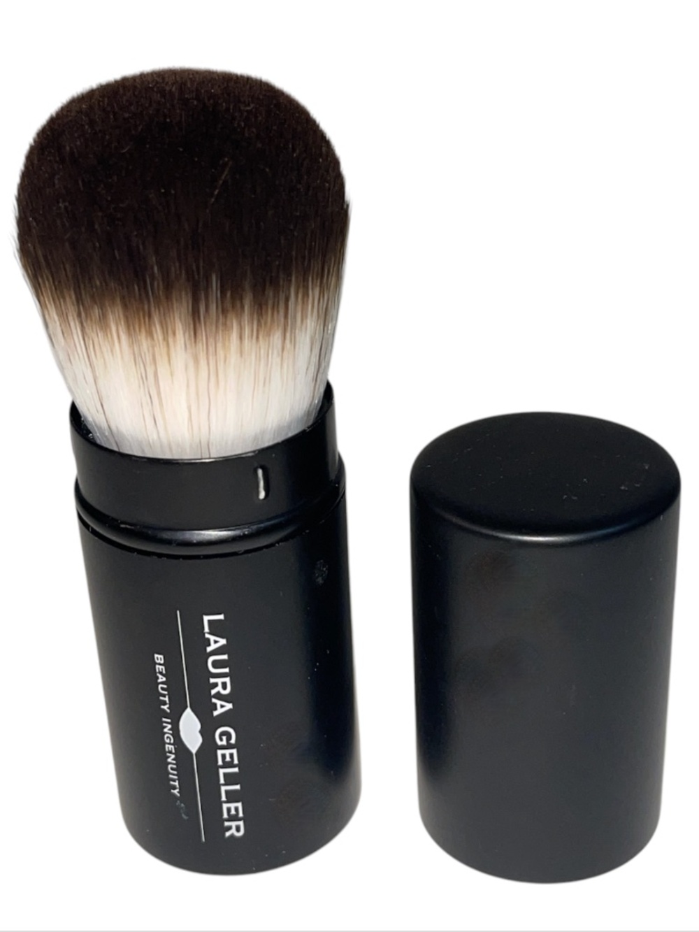 Laura Geller Retractable Kabuki Brush Black Brown White Synthetic Fiber Round